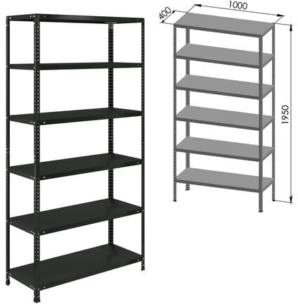 Стеллаж металлический BRABIX "ГРАФИТ MS KD-195/40-6", лофт, 1950х1000х400 мм, 6 полок, 291272, S240BR244693