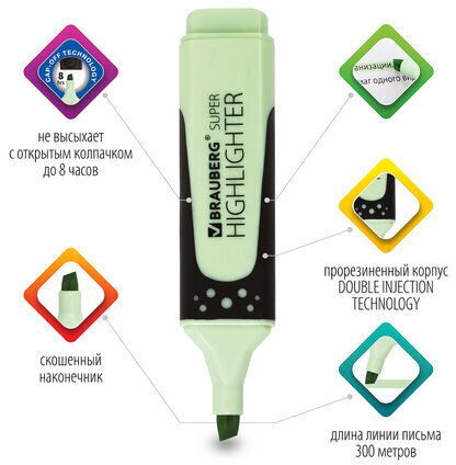 Текстовыделитель BRAUBERG "SUPER PASTEL", МЯТА, прорезиненный корпус, линия 1-5 мм, 151748