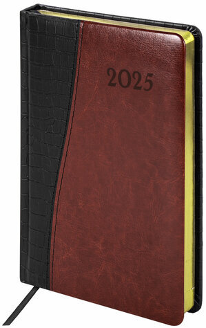 Ежедневник датированный 2025, А5, 138x213 мм, BRAUBERG "Cayman", под кожу, черный/коричневый, 115770