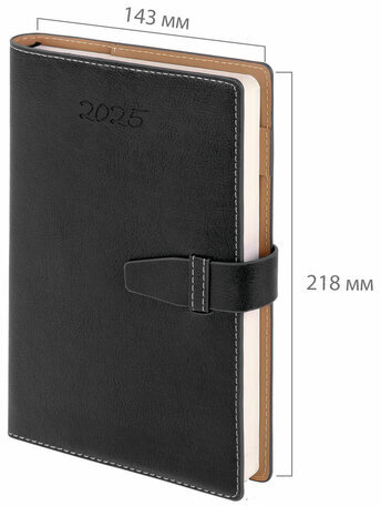 Ежедневник датированный 2025, А5, 143х218 мм, BRAUBERG "Journal", под кожу, застежка, органайзер, черный, 115882
