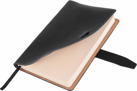 Ежедневник датированный 2025, А5, 143х218 мм, BRAUBERG "Journal", под кожу, застежка, органайзер, черный, 115882