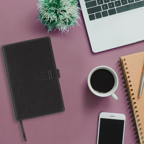 Ежедневник датированный 2025, А5, 143х218 мм, BRAUBERG "Journal", под кожу, застежка, органайзер, черный, 115882