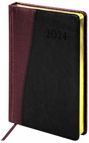 Ежедневник датированный 2024 А5 138x213 мм BRAUBERG "Cayman", под кожу, коричневый/черный, 114834