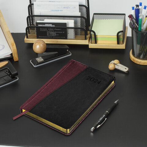 Ежедневник датированный 2024 А5 138x213 мм BRAUBERG "Cayman", под кожу, коричневый/черный, 114834