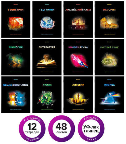 Тетради предметные, КОМПЛЕКТ 12 ПРЕДМЕТОВ, "SHADE", 48 л., глянцевый УФ-лак, BRAUBERG, 404324