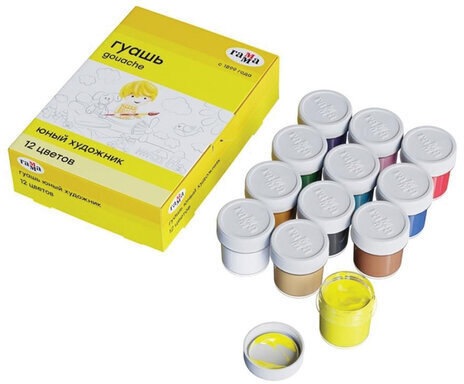 Гуашь ГАММА "Юный художник NEW", 12 цветов по 17,5 мл, картонная упаковка, 221008