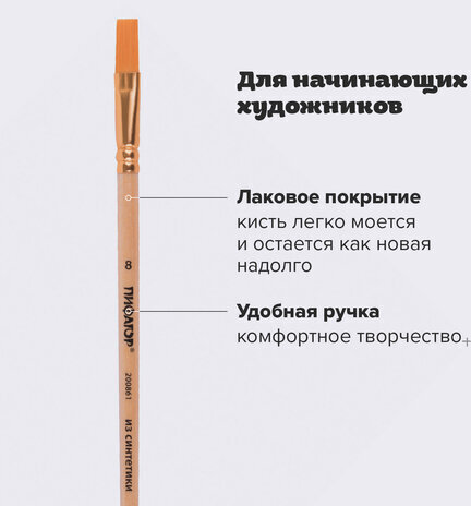 Кисть ПИФАГОР, СИНТЕТИКА, плоская, № 8, деревянная лакированная ручка, с колпачком, пакет с подвесом, 200861