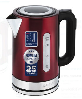 Чайник SCARLETT SC-EK21S78, 1,7 л, 2200 Вт, закрытый нагревательный элемент, ТЕРМОРЕГУЛЯТОР, сталь, бордовый