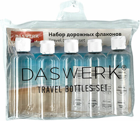 Дорожный набор флаконов в косметичке с наклейками, 5х100 мл, цвет белый, DASWERK, 609305