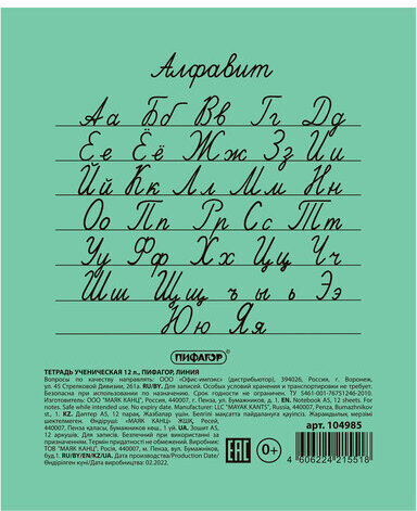 Тетрадь ЗЕЛЁНАЯ обложка 12 л., линия с полями, офсет №2 ЭКОНОМ, "ПИФАГОР", 104985