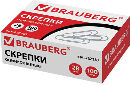 Скрепки BRAUBERG, 28 мм, оцинкованные, 100 шт., в картонной коробке, 227583