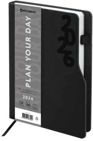 Ежедневник датированный 2026, А5, 150x213 мм, BRAUBERG "Up", под кожу, софт-тач, держатель для ручки, черный, 117116