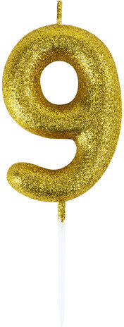 Свеча-цифра для торта "9" золотая с глиттером, 6 см, ЗОЛОТАЯ СКАЗКА, на шпажке, в блистере, 591422