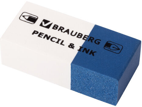 Ластик BRAUBERG "PENCIL & INK", 39х18х12 мм, для ручки и карандаша, бело-синий, 229578