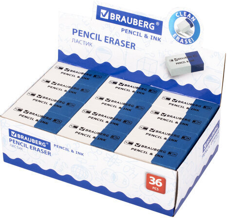 Ластик BRAUBERG "PENCIL & INK", 39х18х12 мм, для ручки и карандаша, бело-синий, 229578