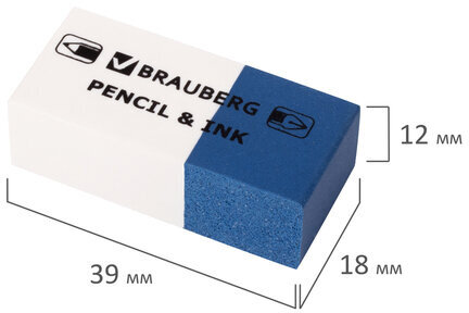 Ластик BRAUBERG "PENCIL & INK", 39х18х12 мм, для ручки и карандаша, бело-синий, 229578