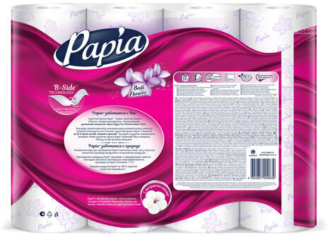 Бумага туалетная бытовая, спайка 12 шт., 3-слойная (12х16,8 м), PAPIA, Балийский цветок, 5058576