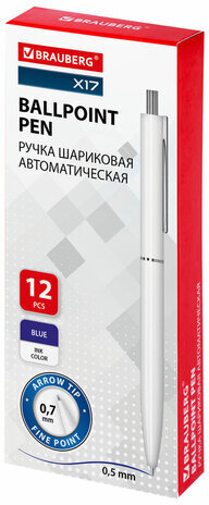 Ручка шариковая автоматическая BRAUBERG X17 WHITE, СИНЯЯ, корпус белый, стандартный узел 0,7 мм, линия письма 0,5 мм, 144156