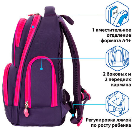 Рюкзак BRAUBERG CLASSIC, легкий каркас, премиум материал, Graceful cat, фиолетовый, 37х32х21 см, 270087