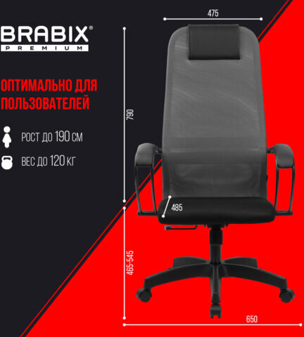 Кресло BRABIX PREMIUM "Ultimate EX-800" пластик, плотная двойная сетка Х2, черное/серое, 532915