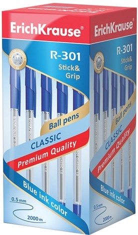 Ручка шариковая с грипом ERICH KRAUSE "R-301 Grip", СИНЯЯ, корпус прозрачный, узел 1 мм, линия письма 0,5 мм, 39527