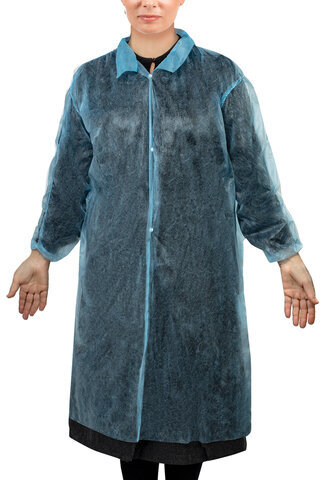 Халат одноразовый голубой на кнопках КОМПЛЕКТ 10 шт., XXL, 110 см, резинка, 25 г/м2, СНАБЛАЙН