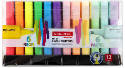Набор текстовыделителей 12 ЦВЕТОВ на подставке, BRAUBERG "ORIGINAL NEON", линия письма 1-5 мм, 152217