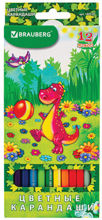 Карандаши цветные BRAUBERG "Динозаврик - футболист", 12 цветов, заточенные, картонная упаковка, 180530