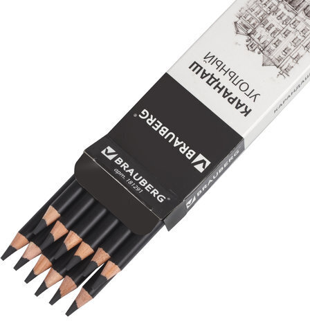 Карандаш (1 штука) угольный BRAUBERG ART CLASSIC, СРЕДНИЙ, круглый, корпус черный, заточенный, 181291