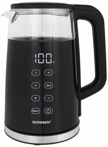 Чайник с терморегулятором и дисплеем, ДВОЙНЫЕ СТЕНКИ, SONNEN KT-8717, 1,7 л, 2200 Вт, черный, 454687