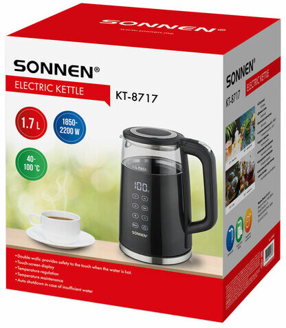 Чайник с терморегулятором и дисплеем, ДВОЙНЫЕ СТЕНКИ, SONNEN KT-8717, 1,7 л, 2200 Вт, черный, 454687