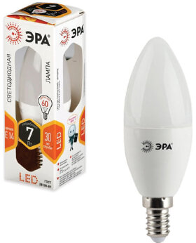Лампа светодиодная ЭРА, 7 (60) Вт, цоколь E14, &quot;свеча&quot;, теплый белый свет, 30000 ч., LED smdB35-7w-827-E14