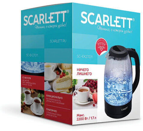 Чайник SCARLETT SC-EK27G11, 1,7 л, 2200 Вт, закрытый нагревательный элемент, стекло, черный
