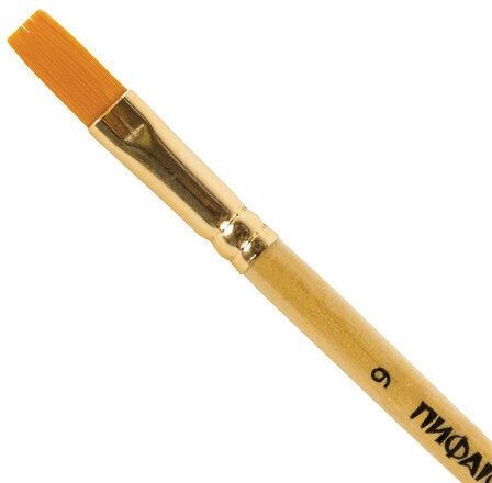 Кисть ПИФАГОР, СИНТЕТИКА, плоская, № 9, деревянная лакированная ручка, с колпачком, пакет с подвесом, 200862