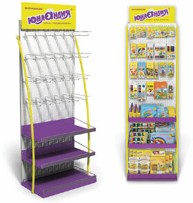 Стойка для размещения товара напольная ЮНЛАНДИЯ, 2050x600x500 мм, 25 крючков, 3 полки, металл, 504879