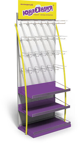 Стойка для размещения товара напольная ЮНЛАНДИЯ, 2050x600x500 мм, 25 крючков, 3 полки, металл, 504879