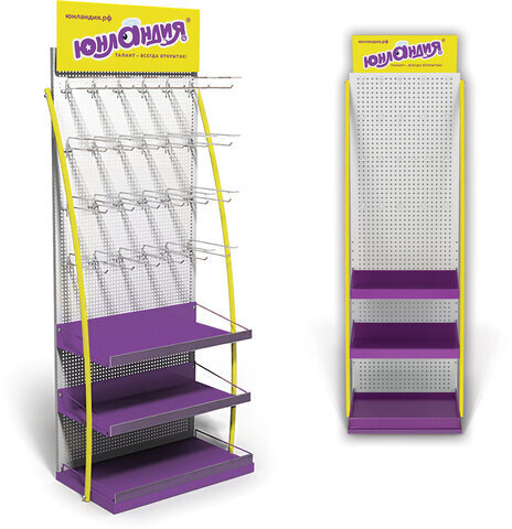 Стойка для размещения товара напольная ЮНЛАНДИЯ, 2050x600x500 мм, 25 крючков, 3 полки, металл, 504879