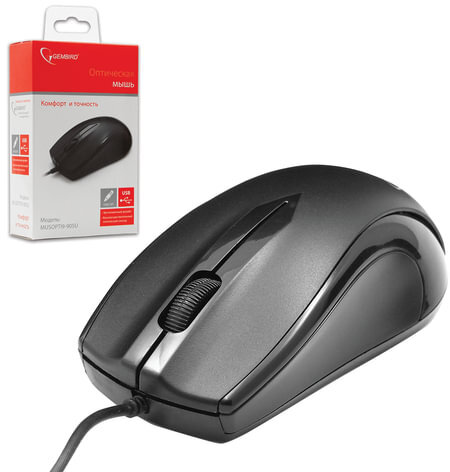Мышь проводная GEMBIRD MUSOPTI9-905U, USB, 2 кнопки + 1 колесо-кнопка, оптическая, черная