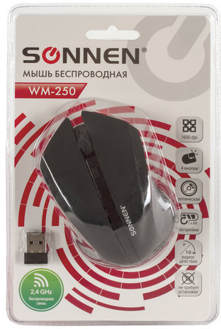 Мышь беспроводная SONNEN WM-250Bk, USB, 1600 dpi, 3 кнопки + 1 колесо-кнопка, оптическая, черная, 512642