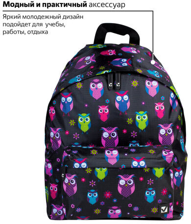 Рюкзак BRAUBERG, универсальный, сити-формат, черный, Совы, 20 литров, 41х32х14 см, 225361