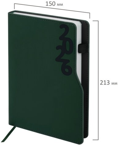 Ежедневник датированный 2026, А5, 150x213 мм, BRAUBERG "Up", под кожу, софт-тач, держатель для ручки, зеленый, 117117