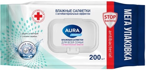 Салфетки влажные 200 шт., AURA Family, антибактериальные, для всей семьи, крышка клапан, 10394