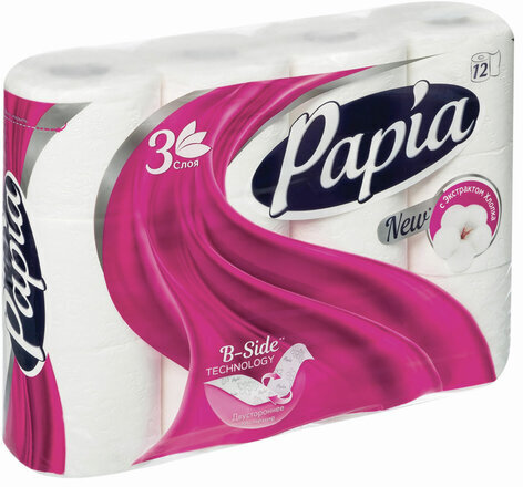 Бумага туалетная бытовая, спайка 12 шт., 3-слойная (12х16,8 м), PAPIA, белая, 5058531
