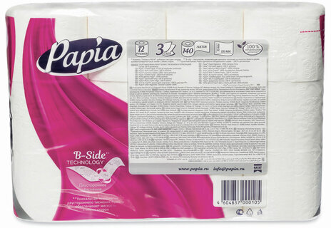 Бумага туалетная бытовая, спайка 12 шт., 3-слойная (12х16,8 м), PAPIA, белая, 5058531