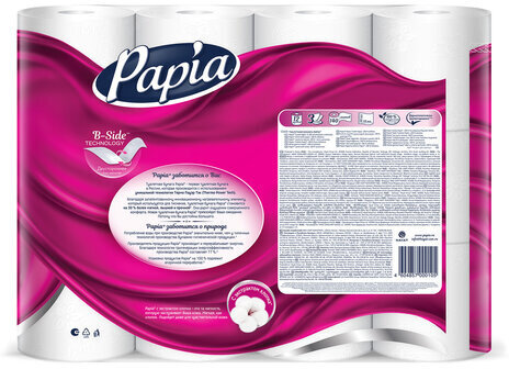 Бумага туалетная бытовая, спайка 12 шт., 3-слойная (12х16,8 м), PAPIA, белая, 5058531