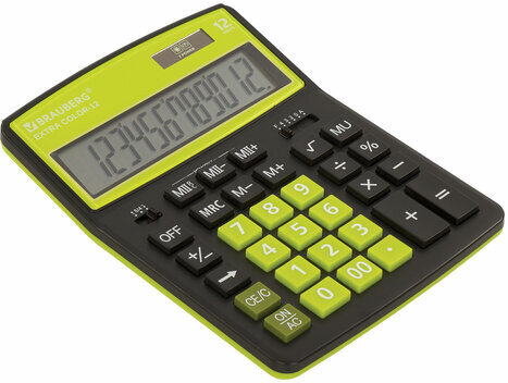Калькулятор настольный BRAUBERG EXTRA COLOR-12-BKLG (206x155 мм), 12 разрядов, двойное питание, ЧЕРНО-САЛАТОВЫЙ, 250477