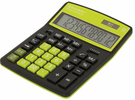 Калькулятор настольный BRAUBERG EXTRA COLOR-12-BKLG (206x155 мм), 12 разрядов, двойное питание, ЧЕРНО-САЛАТОВЫЙ, 250477
