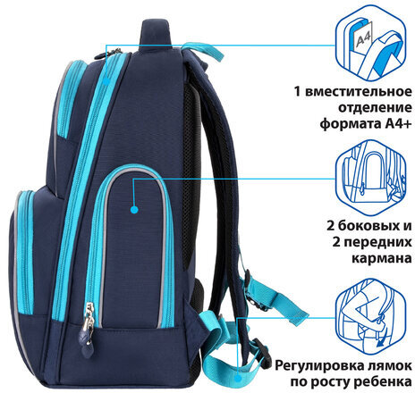 Рюкзак BRAUBERG CLASSIC, легкий каркас, премиум материал, Speed, синий, 37х32х21 см, 270088