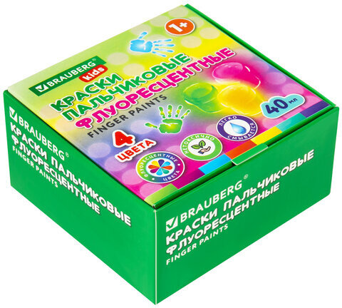 Краски пальчиковые флуоресцентные для малышей от 1 года, 4 цвета по 40 мл, BRAUBERG KIDS, 192399