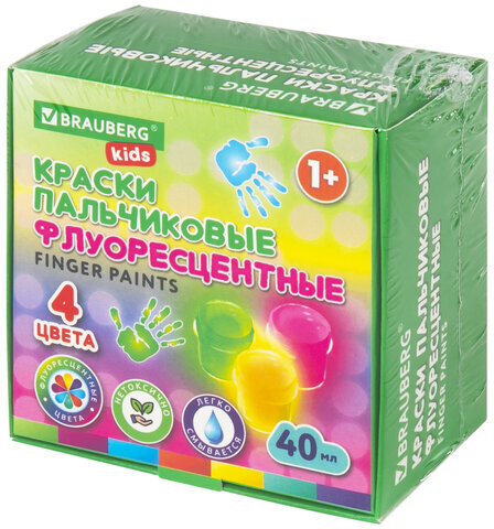 Краски пальчиковые флуоресцентные для малышей от 1 года, 4 цвета по 40 мл, BRAUBERG KIDS, 192399